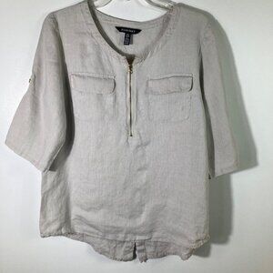 Womens Ellen Tracy Linen Tunic 3/4 Sleeve Top Zip Pockets Tan Med #2‎